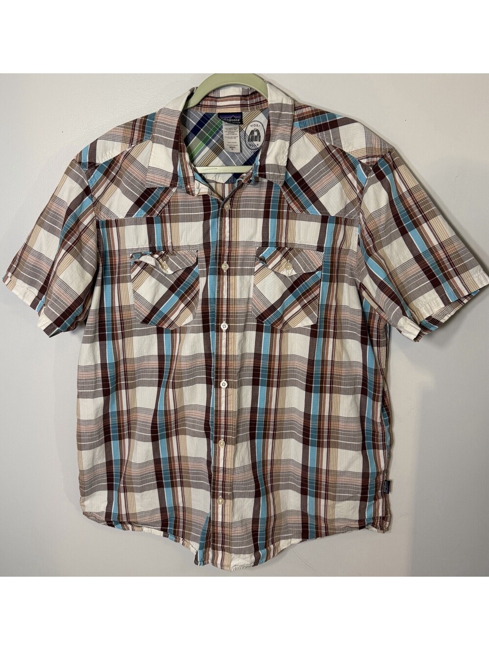 Patagonia Men’s XL Western Plaid Shirt Short Sleeve Brown Teal Button Up Outdoor